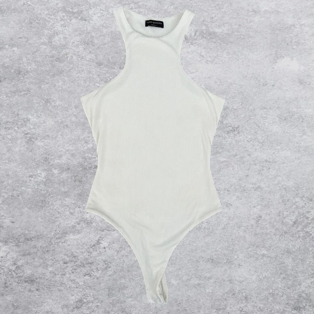 Naked‎ Wardrobe Womens Ribbed High Neck Racerback Bodysuit Cream Off-White